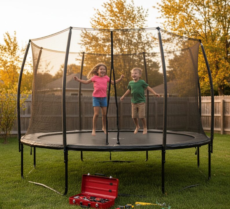 Children happily jump on the restored trampoline
