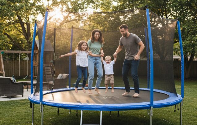 The whole family uses the trampoline outdoors