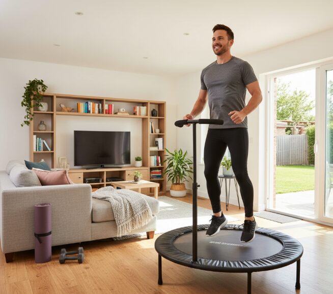 Scenes of adults exercising on a trampoline at home