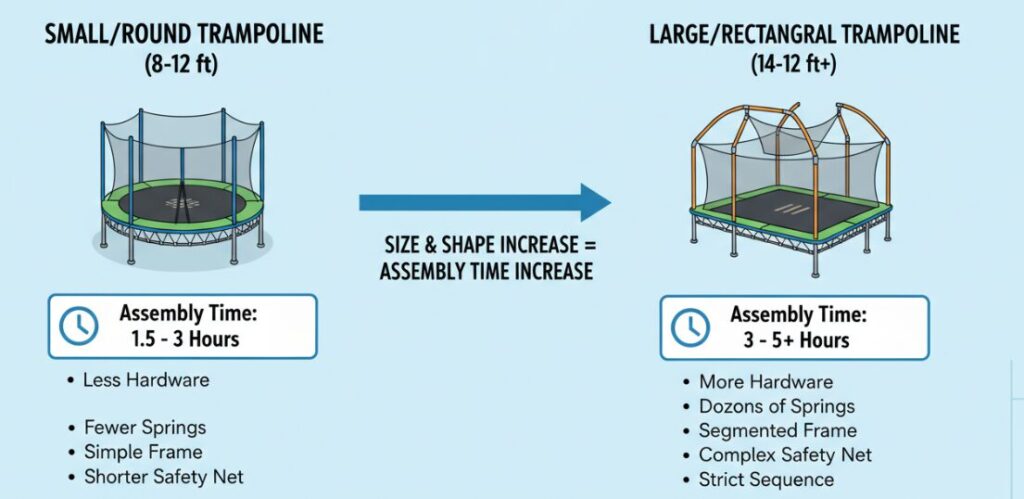 Время, необходимое для установки батутов, зависит от их размера и формы.