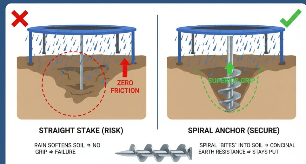 Его необходимо закрепить спиральными кольями.