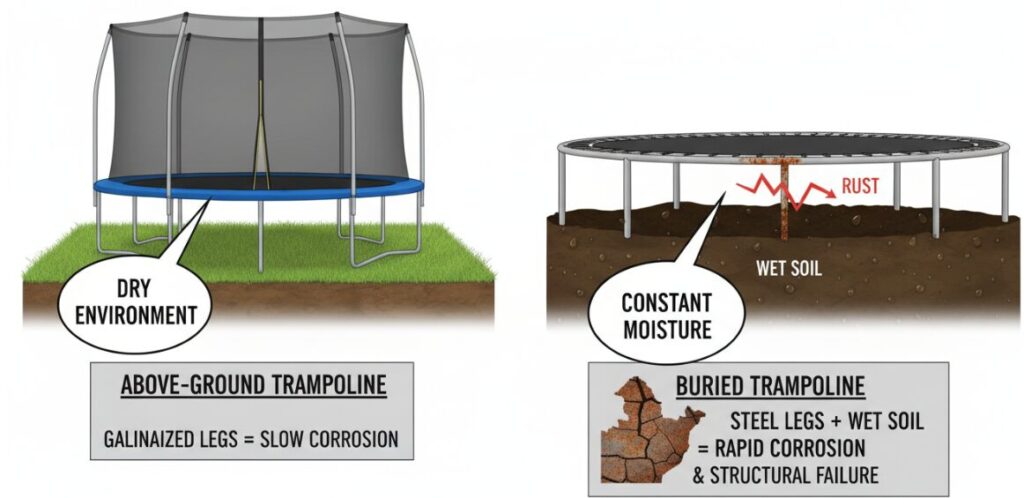 Влажная почва может стать причиной быстрой коррозии батутов.