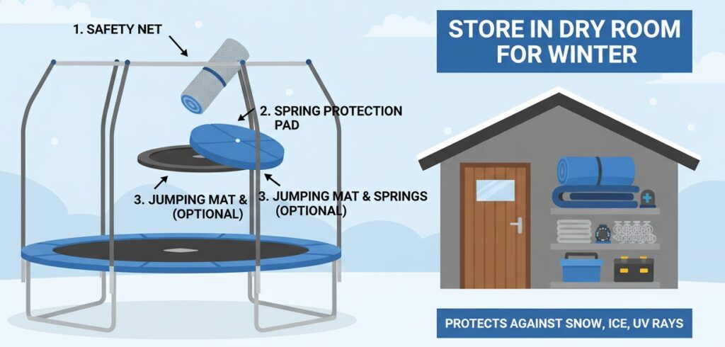 Некоторые части батута необходимо разобрать для удобства хранения.