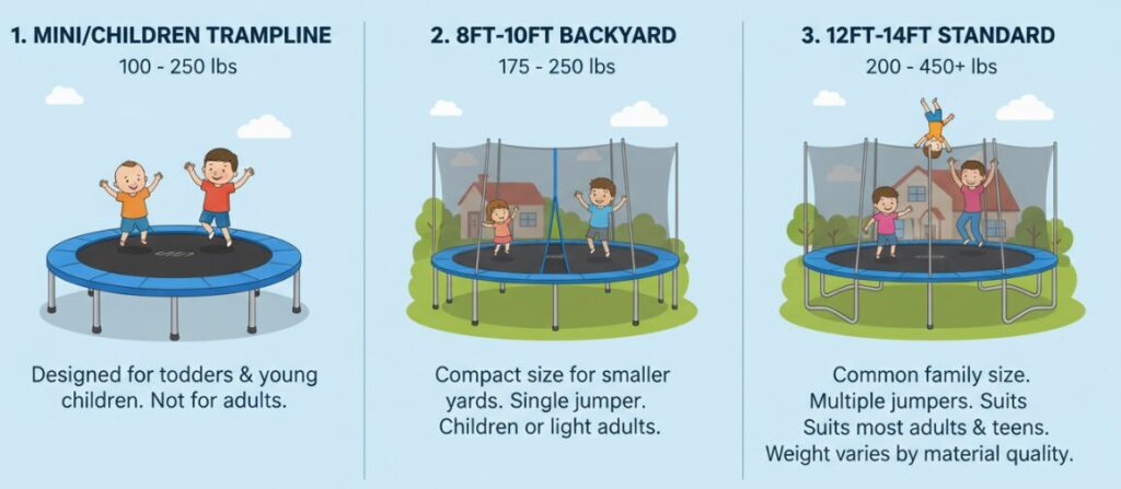 Весовая нагрузка батутов разных типов и размеров.