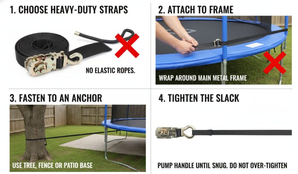 Как правильно использовать храповые ремни для крепления батута.