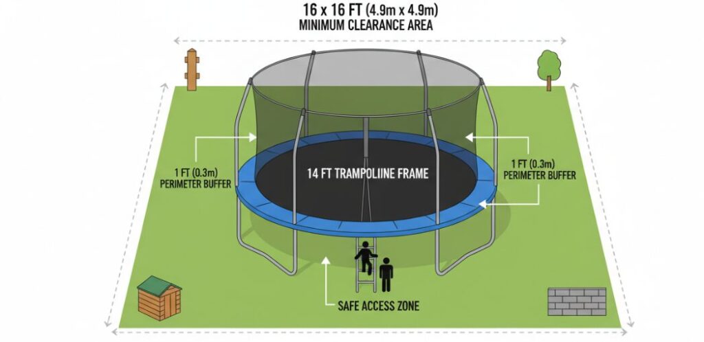 Предполагаемая площадь/пространство, необходимое для размещения батута.