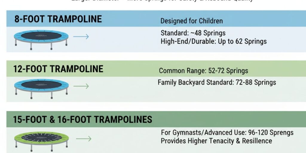 Os trampolins de diferentes tamanhos têm diferentes números de molas.
