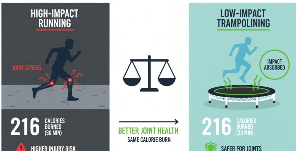 مقارنة بين الترامبولين والجري كشكلين من أشكال التمارين الرياضية.