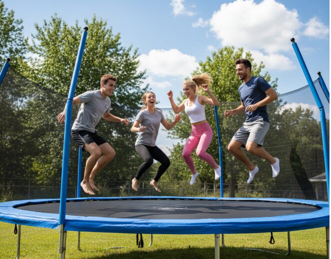 Photos of people playing on trampolines