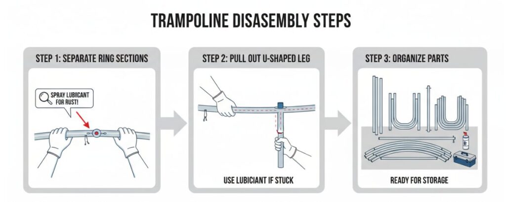 Шаги по разборке батута: Снятие металлических колец и ножек.