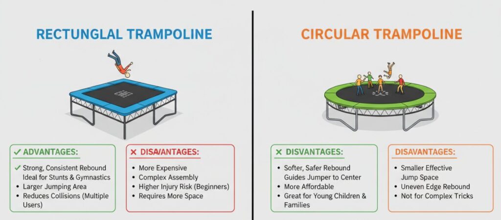Diferencia entre las camas elásticas rectangulares y las redondas.