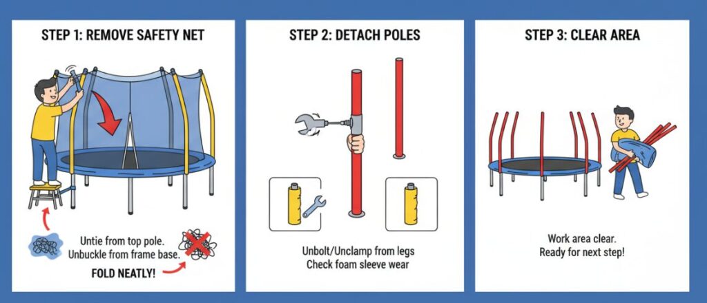 Порядок действий при разборке батута: снятие защитной сетки и опорных столбов.