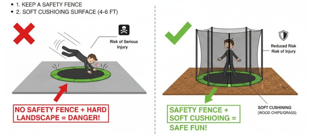 Las camas elásticas a ras de suelo también requieren vallas.