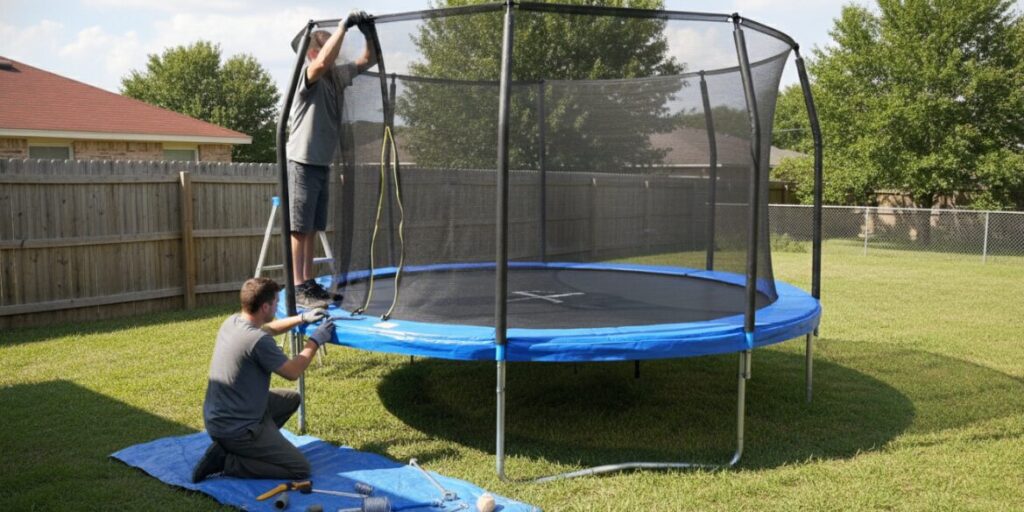 Photos de l'installation du filet de trampoline