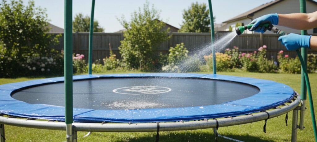 Nettoyez le trampoline avec un tuyau d'arrosage.