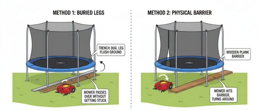 ¿Cómo utilizar un robot cortacésped automático para cortar la hierba bajo una cama elástica?