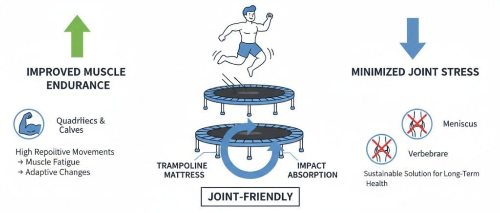 Упражнения на батуте способствуют развитию мышечной выносливости.