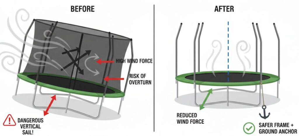 Retirar la red de seguridad puede evitar eficazmente que la cama elástica sea arrastrada por el viento.