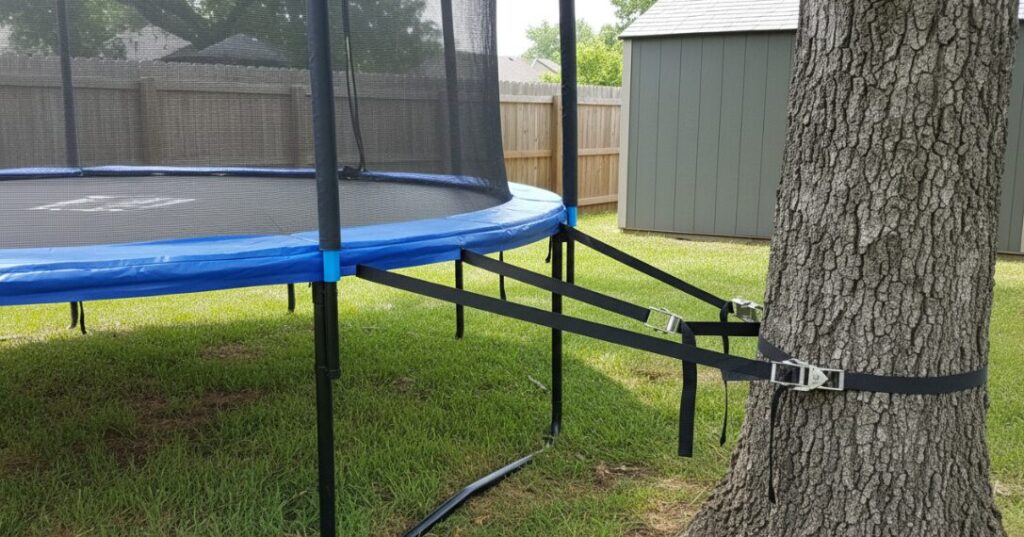 Use heavy-duty resistance bands to tie the trampoline frame to the tree.