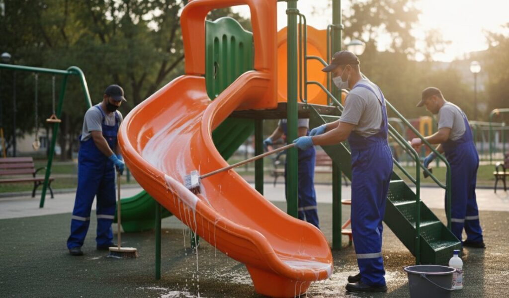 Le personnel de nettoyage utilise des brosses à poils souples et de l'eau savonneuse pour nettoyer le toboggan en plastique.