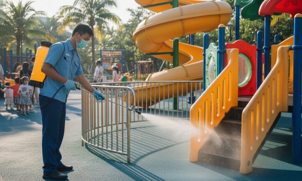 Les travailleurs pulvérisent du désinfectant sur les zones les plus touchées.