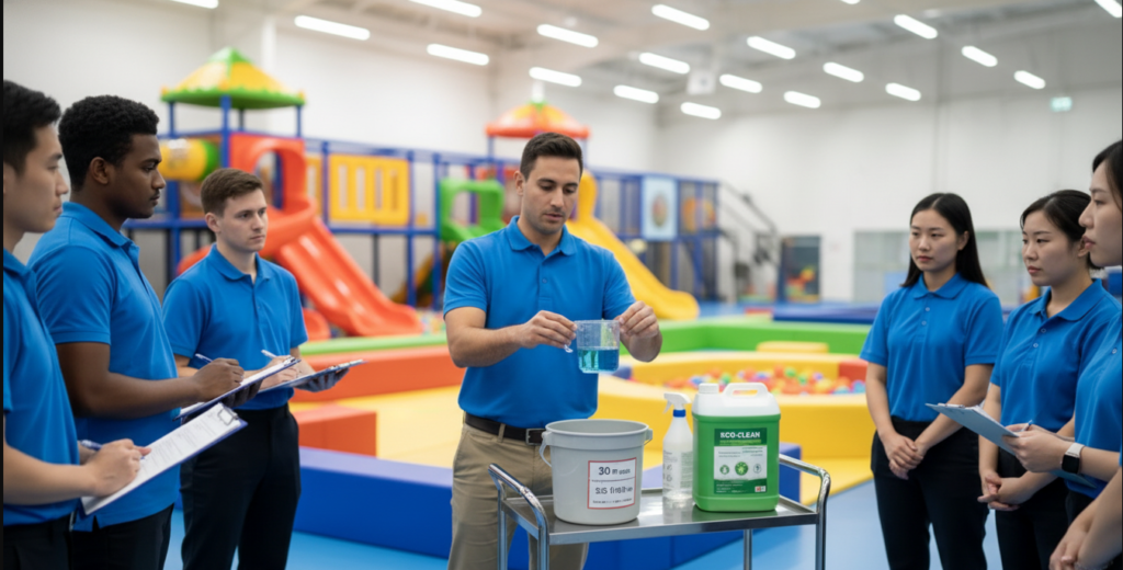 Employees are being trained on how to properly dilute disinfectant.