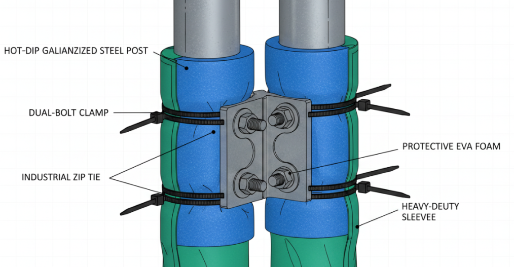 Close-up schematic of a structural joint showing hot-dip galvanized steel, dual-bolt fastening clamps, protective EVA foam wrapping, and heavy-duty zip-tied vinyl sleeves