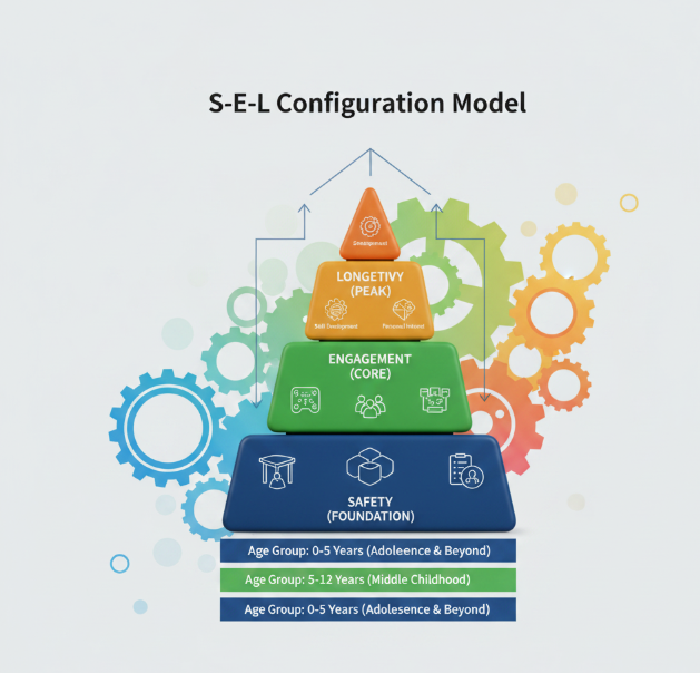 The S-E-L Configuration Model displaying Safety at the foundation, Engagement in the core, and Longevity at the peak, mapped against age groups