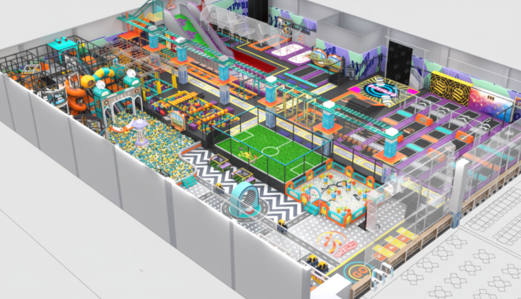 A detailed 3D exploded view of a premium multi-level indoor playground structure, showing steel framing, protective foam sleeving, safety netting, and interactive play zones