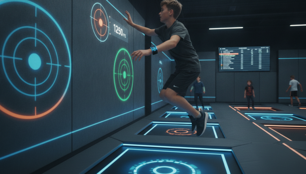 A teenager wearing an RFID wristband jumping on an AR-enabled trampoline and interacting with digital targets projected on the wall