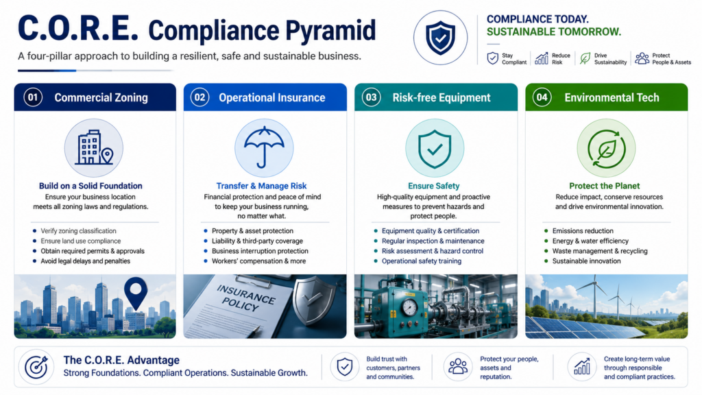 An Infographic Titled C.O.R.E. Compliance Pyramid Shows, From Left To Right: Commercial Zoning, Operational Insurance, Risk-Free Equipment, And Environmental Technology.