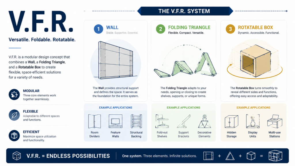 Display The V.F.R. Infographic, Featuring Icons For Walls, Folding Triangles, And Rotating Boxes.