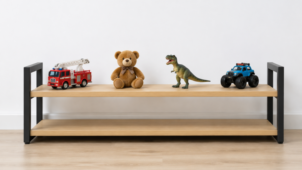 A Low, Two-Tier Shelving Unit Is Displayed Against A White Wall, Holding Exactly Four Separate Toys Spaced Apart From One Another.