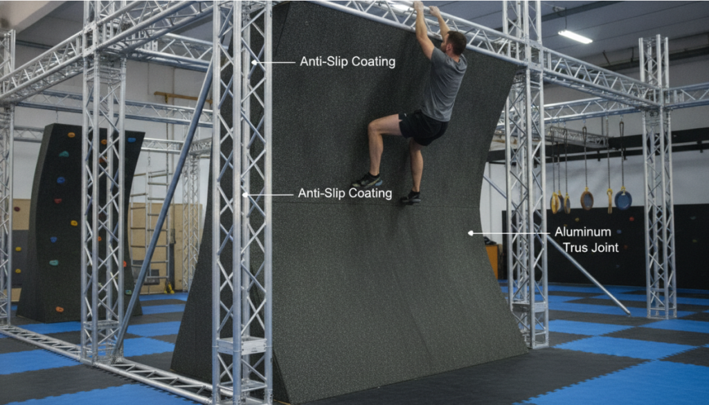 An adult scaling a 14.5-foot Warped Wall in an indoor Ninja Warrior course, with arrows highlighting the anti-slip coating and aluminum truss joints.