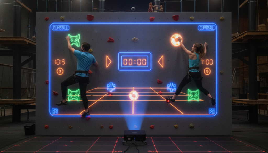 Two adults competing on a gamified interactive climbing wall with projected arcade graphics and digital timers.