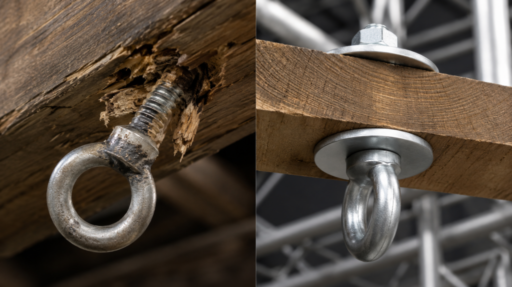 A Comparison Showing A Screw-In Eye Bolt Pulled Out Of Damaged Wood Versus A Securely Installed, Drop-Forged Through-Bolt Equipped With A Backing Plate.