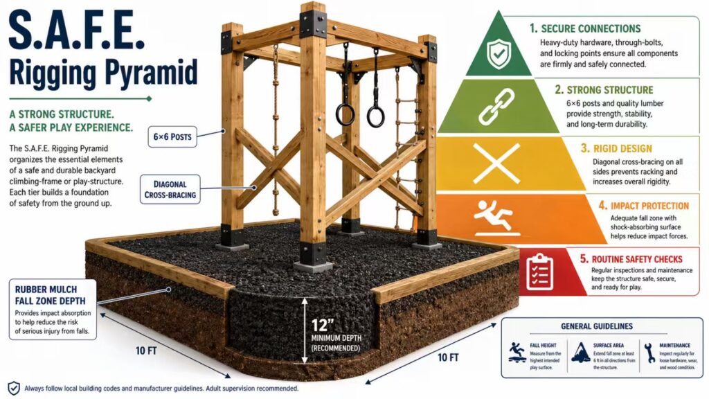 It Depicts A Wooden Rigging Structure, Indicating The 6×6 Posts, Diagonal Cross-Bracing, And The Depth Of The Rubber-Surfaced Impact-Absorbing Zone.