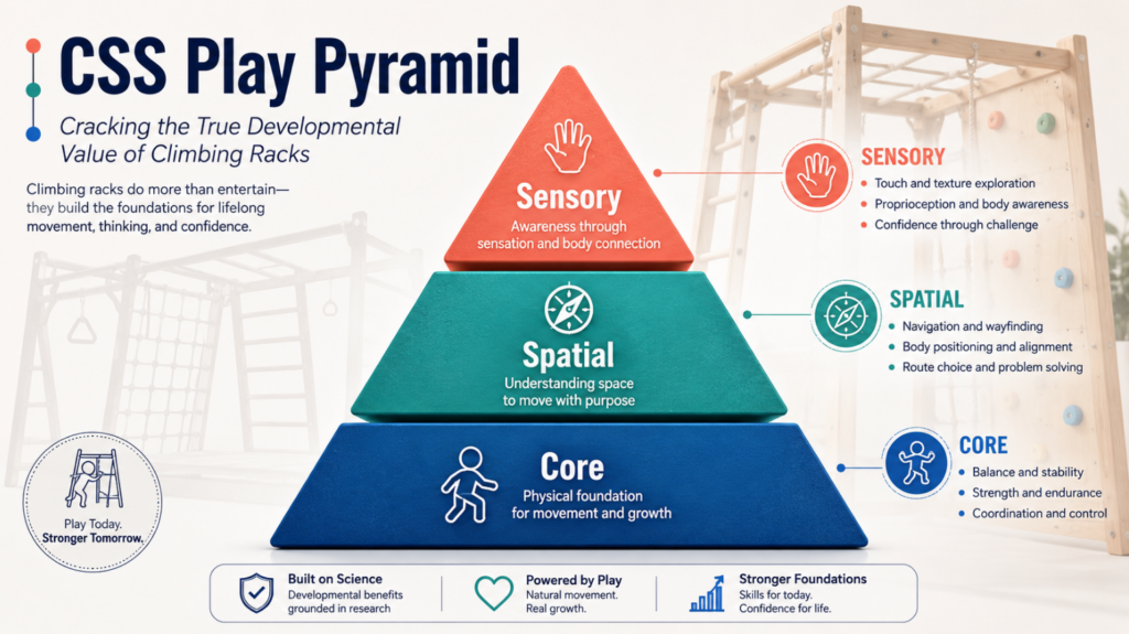 Note: Insert the "CSS Play Pyramid" self-created conceptual model diagram here, with "Core" at the base, "Spatial" in the middle, and "Sensory" at the top.