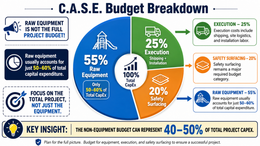 Insert a highly detailed infographic showing a pie chart of the C.A.S.E. budget breakdown. Highlight that raw equipment is only 50-60% of the CapEx, with execution (shipping/installation) and safety surfacing consuming the remaining budget.