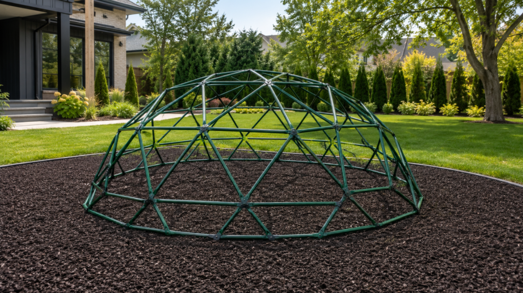 Insert a high-quality image of a green geodesic metal dome sitting on rubber mulch in a well-manicured backyard.