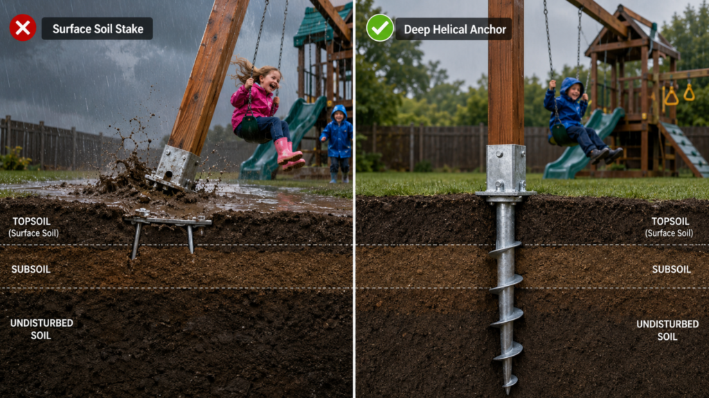 Please insert an infographic here illustrating the difference between a surface soil stake and a deep-driven helical anchor.