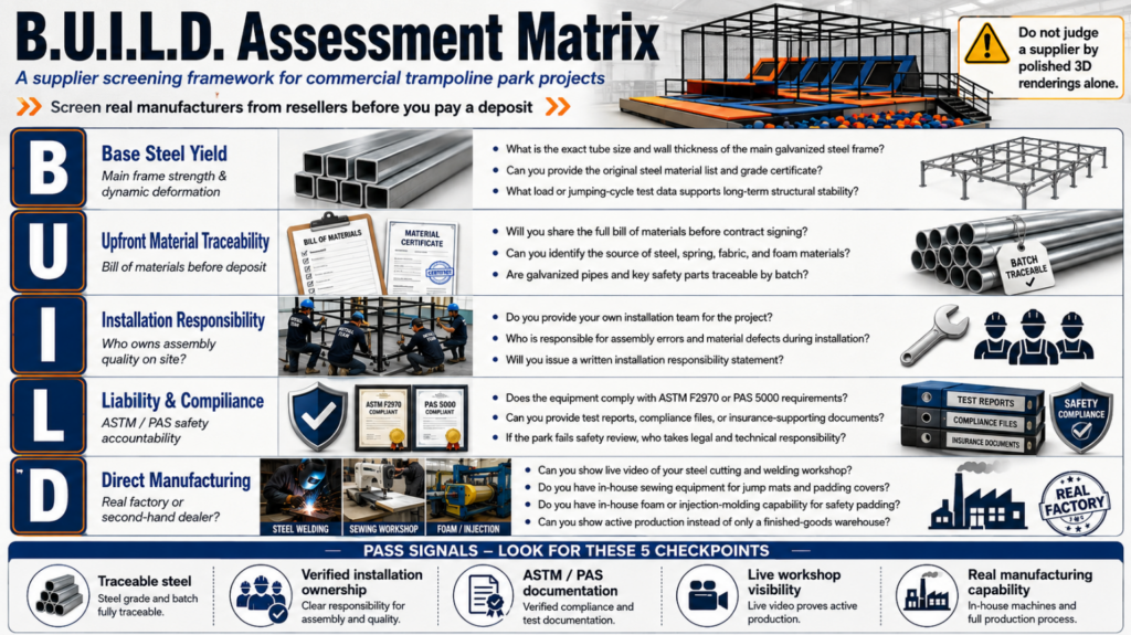 Note: Insert an infographic of the B.U.I.L.D. matrix assessment here. The left column lists the five assessment dimensions, while the right column lists the specific questions investors ask suppliers corresponding to each dimension.