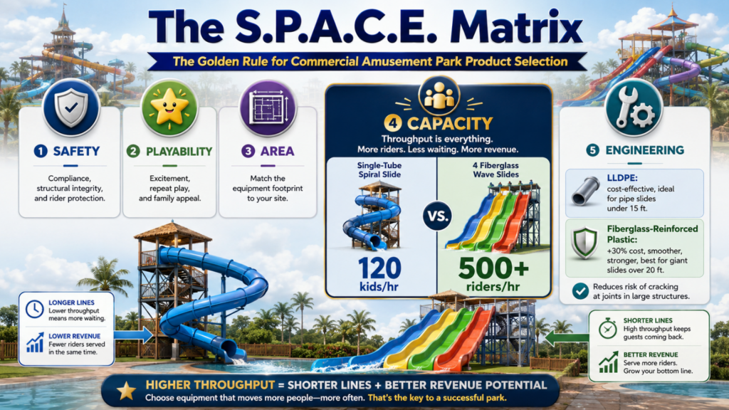Note: Insert an infographic of the S.P.A.C.E. matrix here. Display the five dimensions using separate icons, and highlight the comparative data of "120 kids/hr vs. 500 kids/hr" within the "Capacity" section.