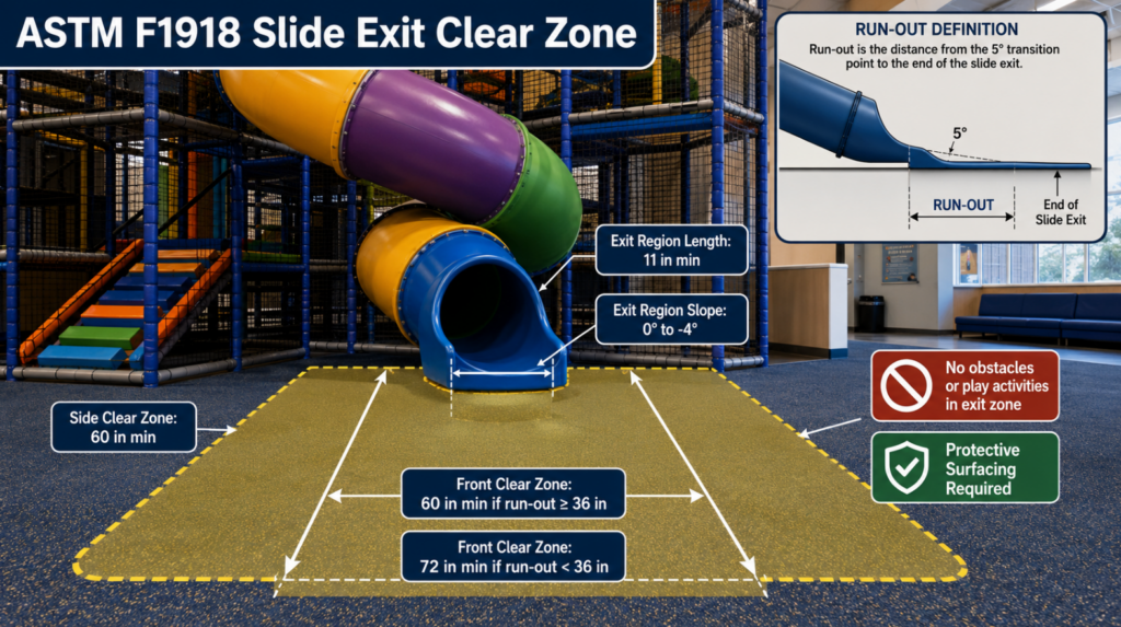 Insert an infographic illustrating the ASTM F1918 clear zone requirements at the bottom of a slide.