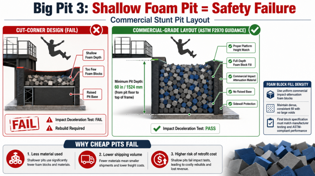 Insert an infographic demonstrating the correct measurements and foam block density required for a commercial-grade stunt pit according to ASTM standards.