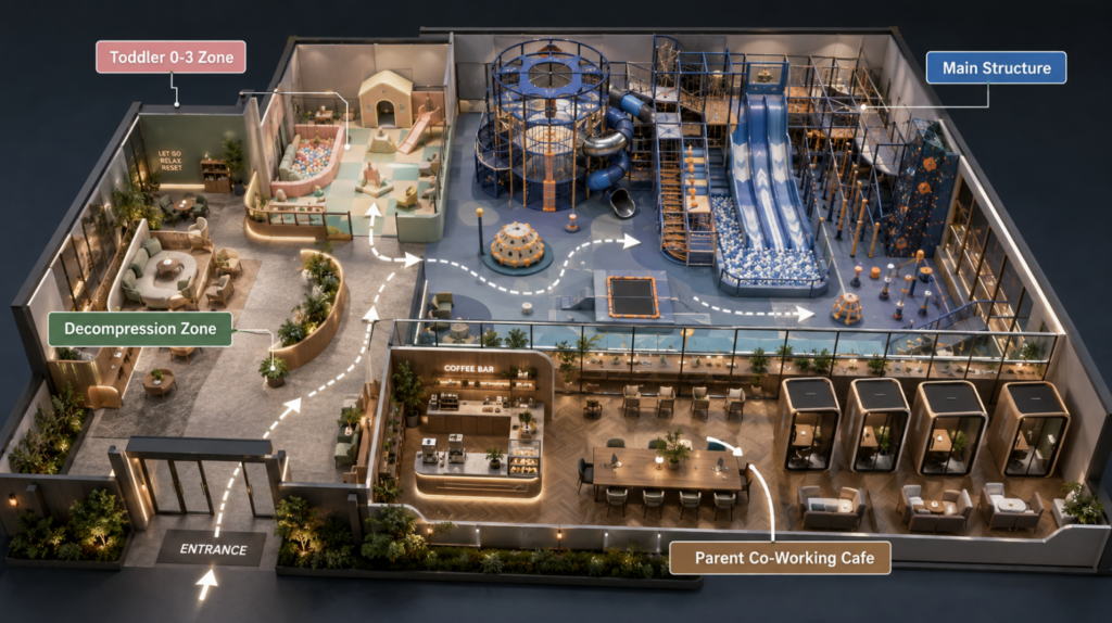 Insert an architectural floor plan graphic here. The graphic should clearly label the “Decompression Zone,” “Toddler 0-3 Zone,” “Main Structure,” and “Parent Co-Working Cafe,” demonstrating optimal traffic flow.
