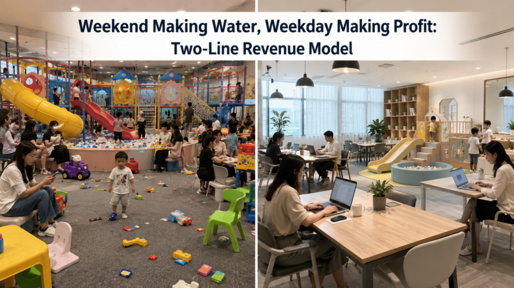 The cover image is made into a contrasting left and right split screen: the noisy and messy picture of a traditional playground on the left, and the orderly “parent office + children’s play” mixed space on the right. The video title reads: “Weekend Making Water, Weekday Making Profit: Two-Line Revenue Model”.