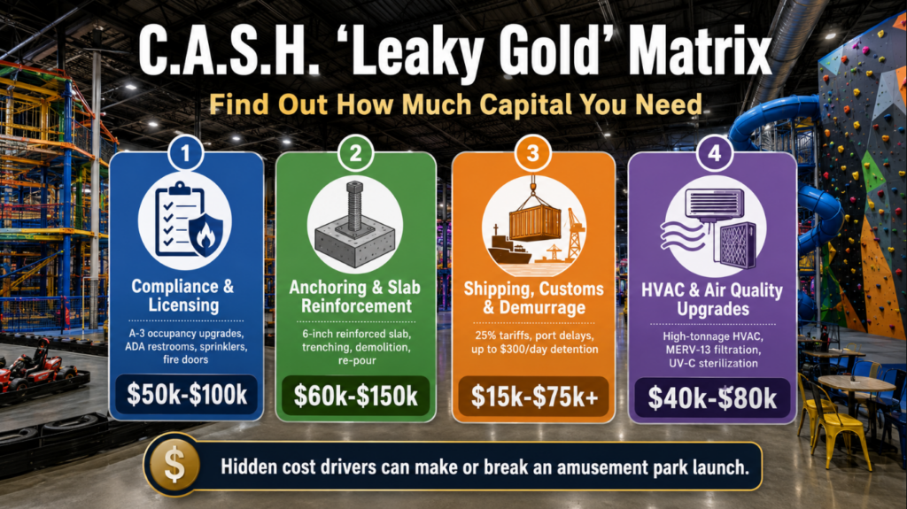 Hint: insert an infographic of the C.A.S.H. matrix here. Use the 4 colors to mark the range of common overspending amounts corresponding to Compliance, Anchoring, Shipping, and HVAC, such as "HVAC Upgrades: 40k − 80k".