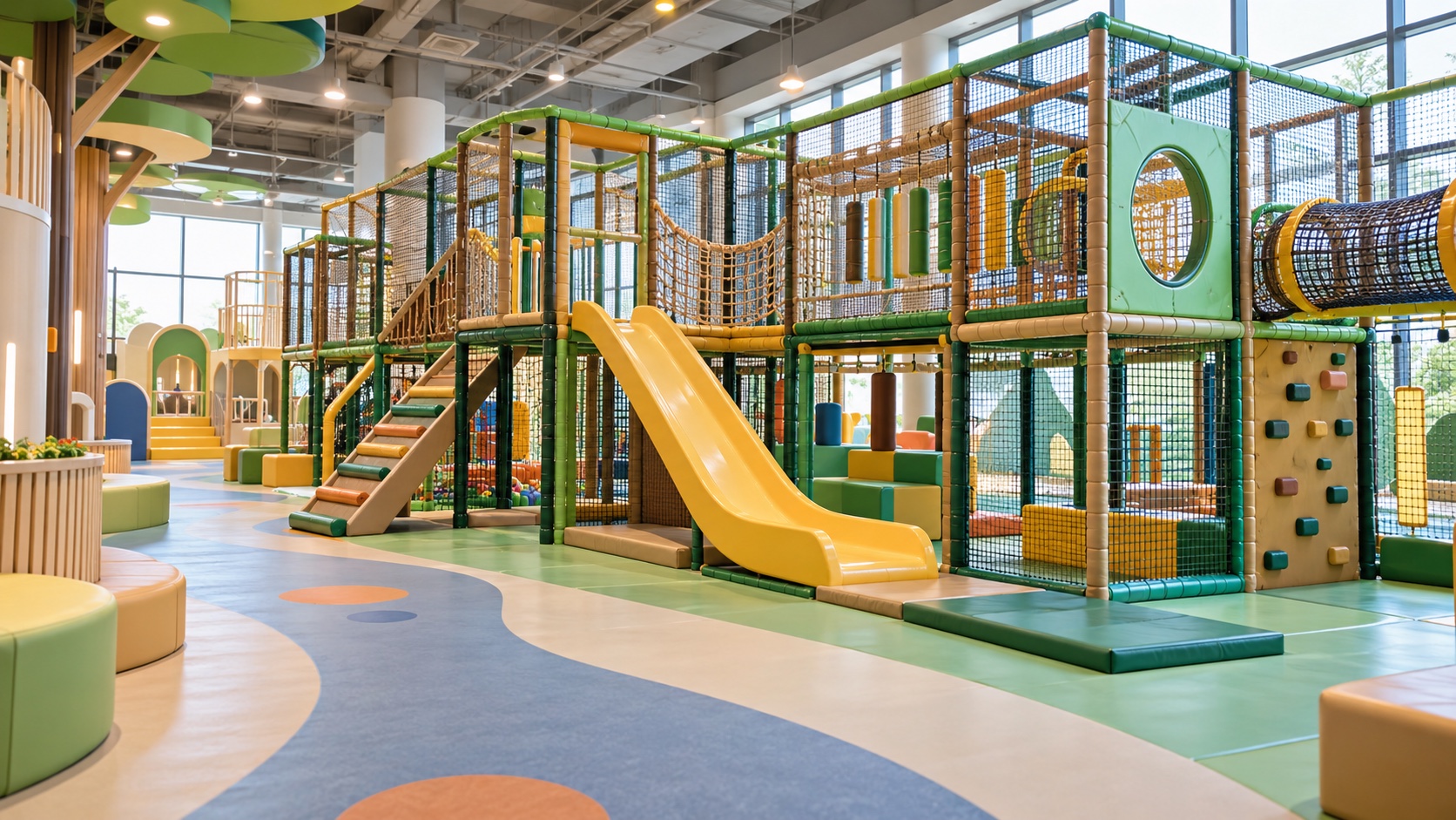 Indoor adventure play structure with climbing, slide and clear circulation