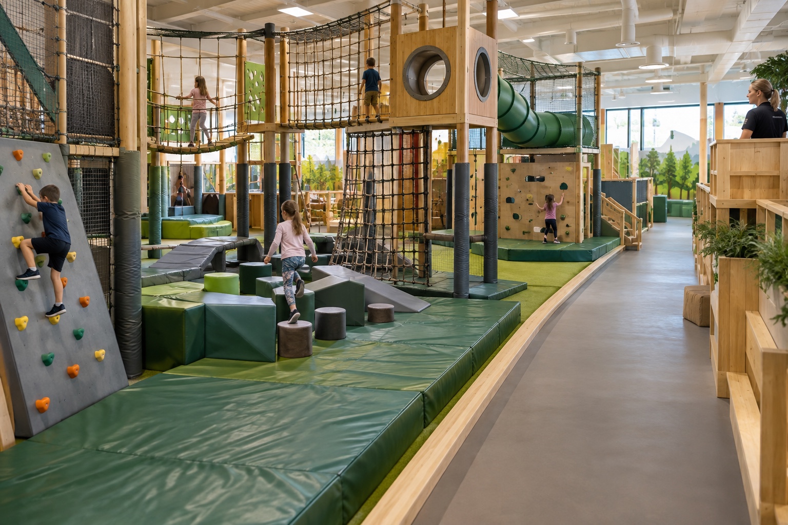 Indoor climbing zones with padded surfaces, a separate walking route, and a staff observation point.
